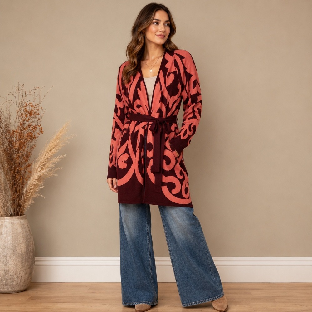 Isaac Mizrahi Live Cardigan Large Coral Burgundy Belted Long Sweater A280188